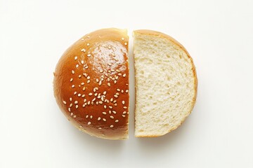 Two halves of a round bun, topped with sesame seeds
