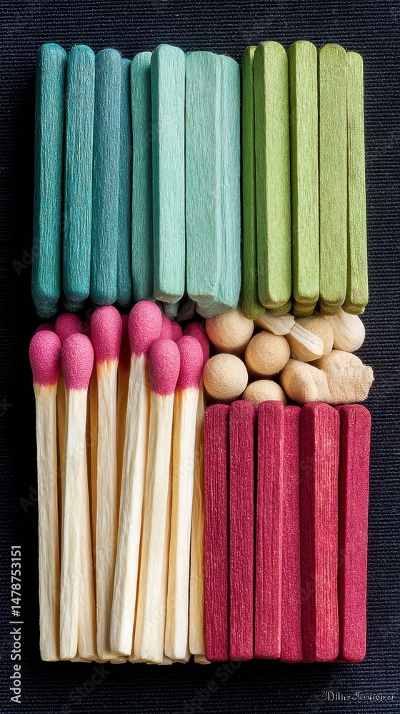 Poster Chromatic Utility Composition Minimalist Matchstick Array Showcasing Geometric Design, Color Gradient Innovation in Everyday Household Essentials