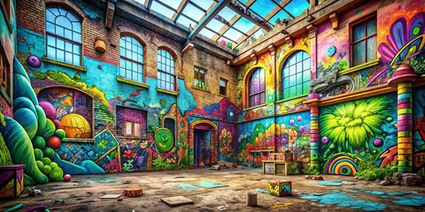 Fototapeta premium Whimsical 3D Doodle Art Urban Exploration: Colorful Graffiti & Abandoned Buildings