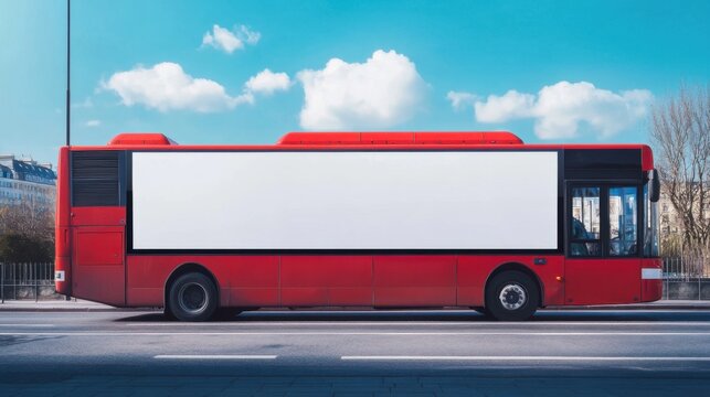 Red bus on city street with blank billboard advertising space side view under blue sky for mockup