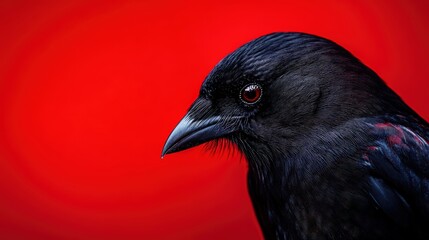 Majestic raven portrait against a vibrant red backdrop showcases detail