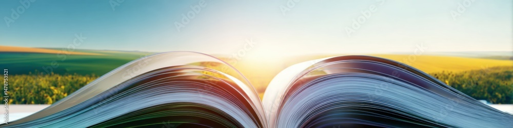 Poster knowledge horizons expansive digital learning journey through open book against golden landscape - e