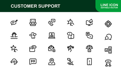 Customer Support Service Icons – Professional Vector Line Illustrations for Online Help, Chat, Call Assistance, and Technical Support Graphics