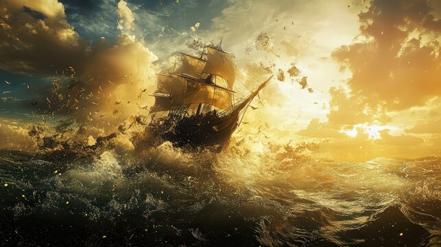 Majestic sailing ship navigating rough seas during a golden hour sunset