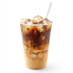 Iced coffee drink in plastic cup with straw studio shot on white background close up refreshing beverage
