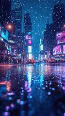 Obraz premium A bustling city street illuminated by vibrant neon lights during a snowy night.