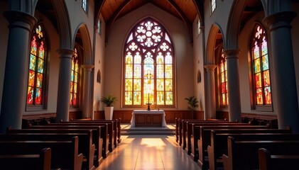 Fototapeta premium Serene church interior, stained glass illuminating altar , heaven, catholic