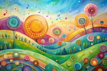Obraz premium Whimsical Hand-Painted Circles & Musical Notes Landscape