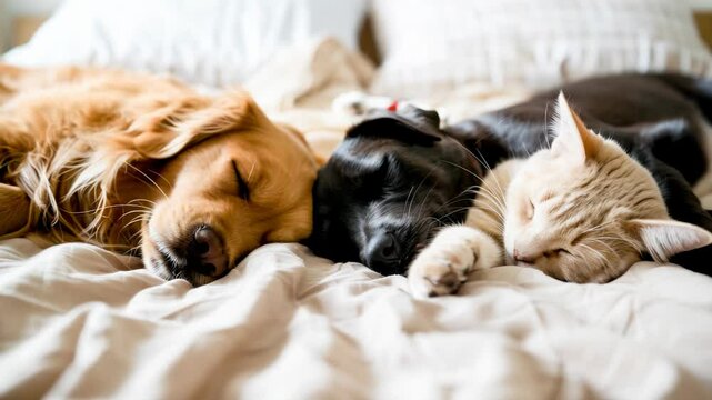 Lovely pets dogs and a cat peacefully sleeping on a cozy bed together, radiating warmth and love.
