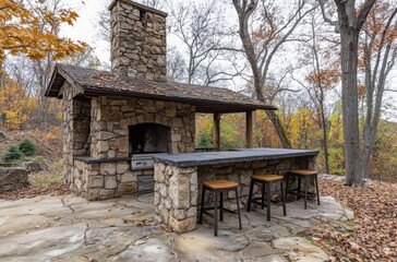 Natural stone outdoor kitchen with chimney, large prep area, and