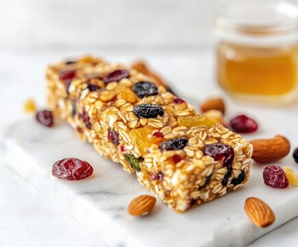 Healthy granola bar with dried fruit and nuts