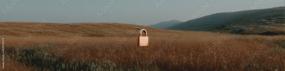 Poster Minimalist Cybersecurity Landscape Digital Protection Metaphor with Padlock Icon in Expansive Natural Terrain - Innovative Data Security Visualization