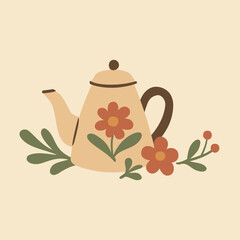 Cottagecore Theme Style Tea Pot Vector Template