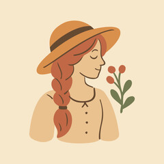 Cottagecore Theme Style Women with Hat Vector Template
