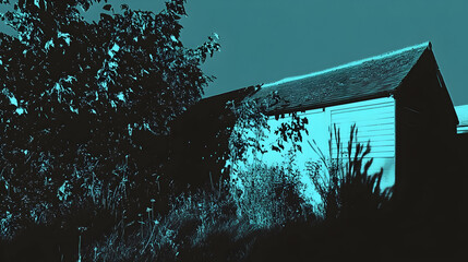 An eerie depiction of a shed enveloped by shadows and overgrown vegetation