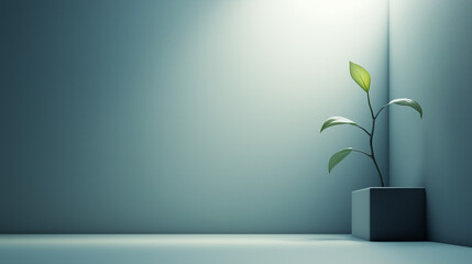 Obraz premium Minimalist corner plant, serene teal room, tranquil greenery