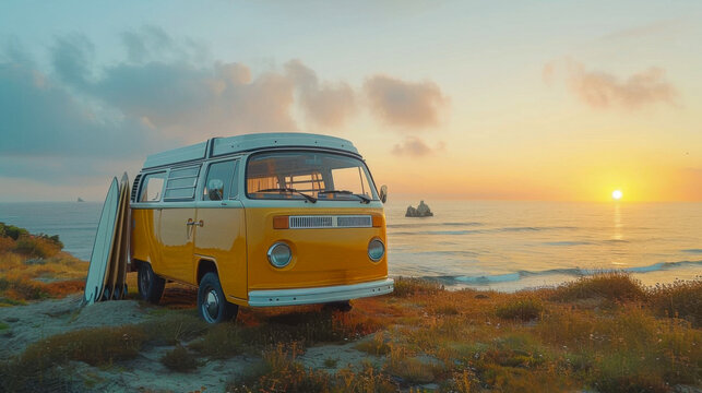 Surfing adventure at a remote beach during sunset with a vintage van and surfboards waiting to catch the waves