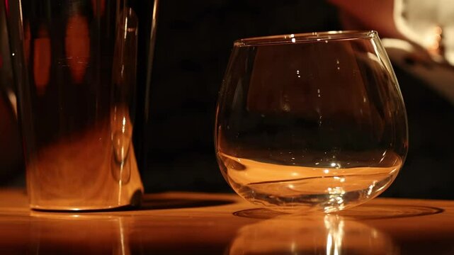 Empty Glass and Shaker on Wooden Bar