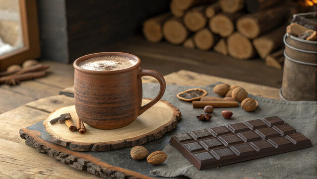 Aromatic brown coffee with roasted beans and cinnamon offers a hot, caffeinated beverage, perhaps espresso, for a delightful breakfast