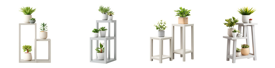 Modern, minimalistic plant stands showcasing a variety of potted greenery, designed to enhance home decor and promote a serene, natural ambiance in any indoor space.
