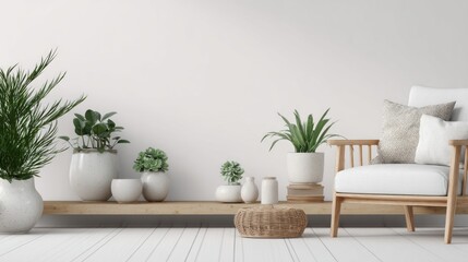 Minimalist living room with wooden furniture and plants