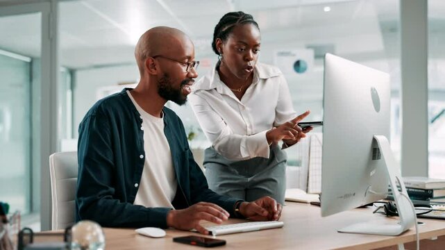 Call center, talking and manager with advice, computer and help to identify opportunity for sales. Training, black people and pointing at tech for telemarketing, teamwork and smile for conversation