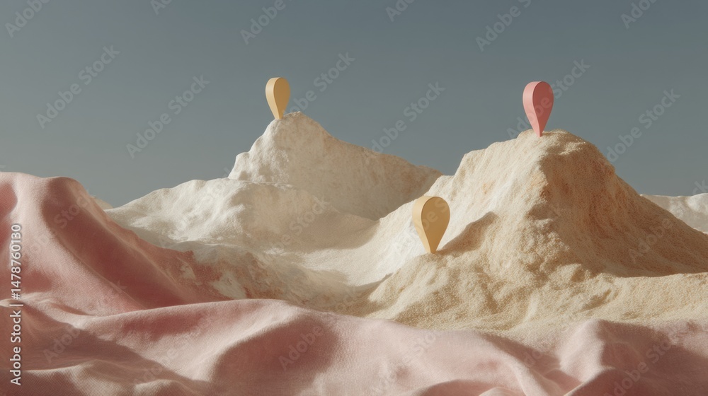 Poster minimalist landscape soft pastel topographic terrain with geo-mapping pins - innovative digital cart