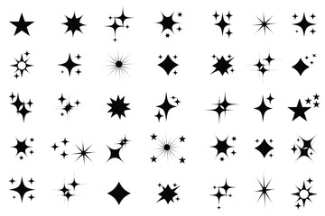 Set of star on black background. sparkle star icon. Different black  sparkle icons. Abstract star, shining star symbol and  sign. Vector illustration.  Different black sparkles icons.