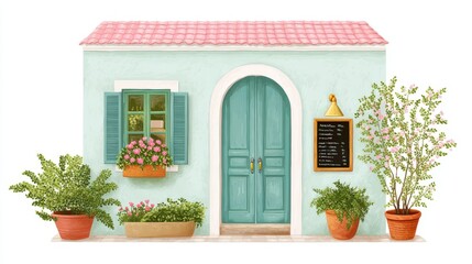 A charming vintage cafe storefront with an old-fashioned door, flower pots, and a welcoming chalkboard menu, designed in soft pastel hues