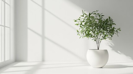 Fototapeta premium Minimalist interior featuring a green potted plant and sunlight streaming through window