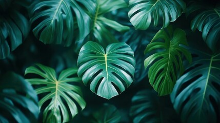 Naklejka premium Lush Tropical Monstera Leaves Dark Green Background