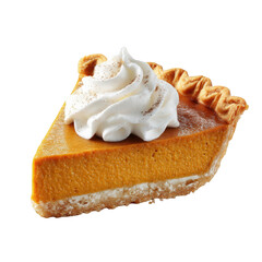 Delicious homemade pumpkin pie slice with whipped cream topping autumn on transparent background