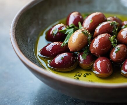 A bowl of marinated olives.  A variety of  red and green olives are bathed in oil and garnished with fresh herbs - Powered by Adobe