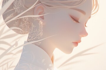 Serene portrait of a woman, soft lighting, delicate features, and subtle floral details