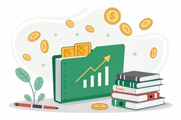 Green folder with bar chart and arrow, surrounded by books and floating coins, on white background, concept of financial education and investment.