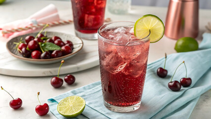 Fresh red cranberry juice in a cold glass is a healthy fruit beverage