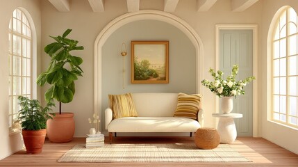 A cozy, simple vintage living room with neutral tones, classic furniture, and soft lighting, captured in full depth of field for a calm and welcoming ambiance.