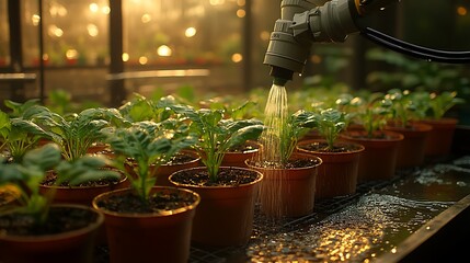 Watering seedlings in greenhouse