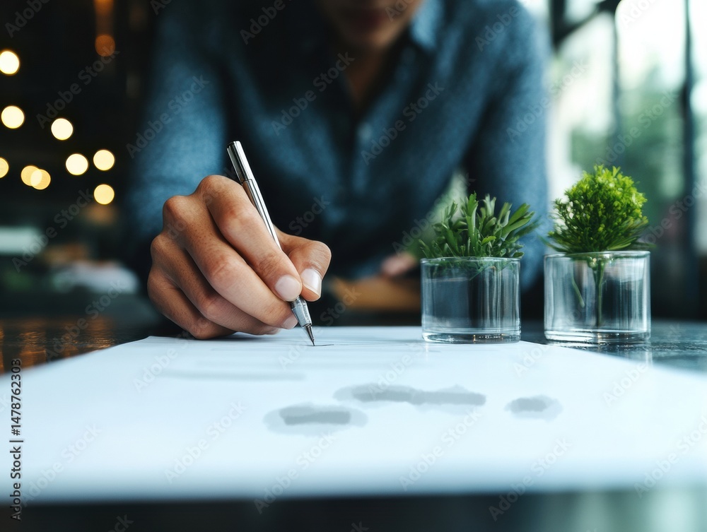 Poster minimalist workspace innovation eco-conscious professional drafting with biophilic design elements -