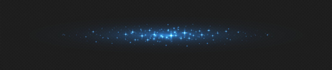 Blue glowing line with stars and sparkles. Flash effect with shiny magic star glitter. Neon beam with particles. Vector illustration.