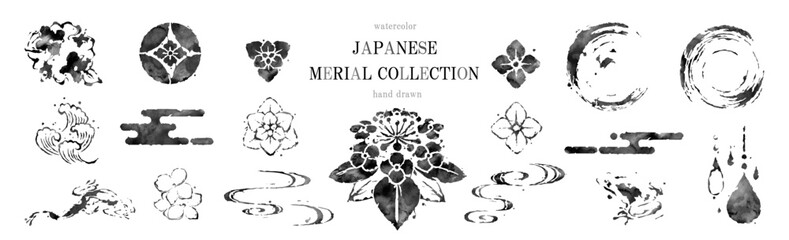 紫陽花, 梅雨, 夏, 波, 和柄, ベクター, 水墨画, 墨絵, 筆丸, 筆書き, 筆, セット, 和風, 和, アイコン, 波紋, 流水紋, フレーム, 花, 線画, イラスト