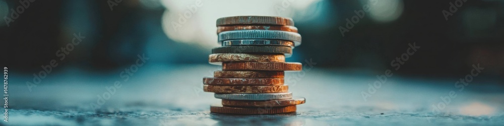 Poster minimalist financial strategy precision-stacked metallic currency coins showcasing contemporary weal