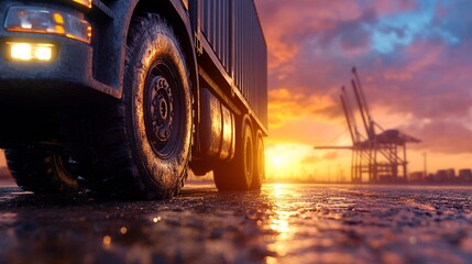 Dark Truck Driving on Wet Road at Sunset Near Port