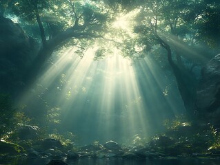 Sunlight streams through lush forest canopy