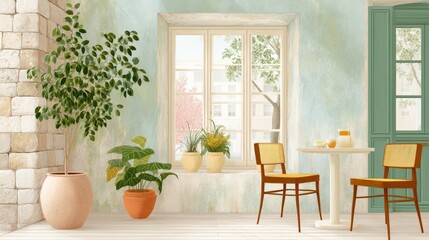 A peaceful cafe moment with soft April rain outside the window, vintage textures and pastel tones creating a dreamy atmosphere, on white.