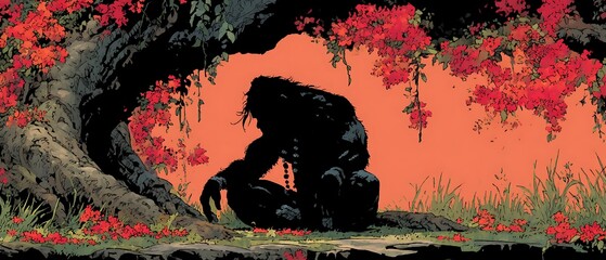 Silhouette Figure, Lush Jungle Setting