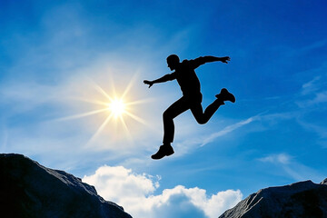 Man leaping over a rocky chasm silhouette against brilliant sunny sky