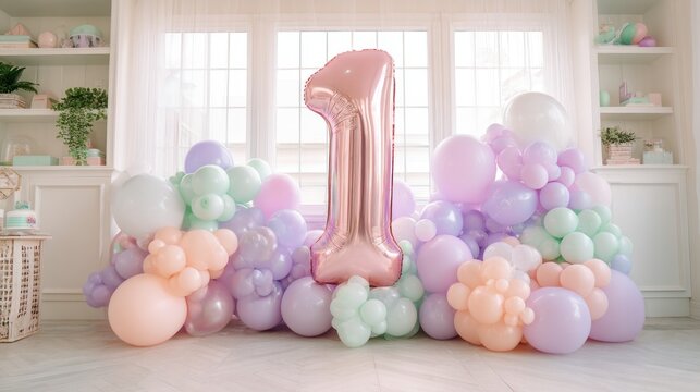 Pastel-toned balloon decorations for a first birthday party. A large, rose gold number one balloon sits amongst a cluster of pastel balloons, creating a celebratory, whimsical backdrop - Powered by Adobe