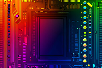 Fototapeta premium Vibrant rainbow-hued circuit board; abstract technology background. Ideal for tech, gaming, or futuristic designs.