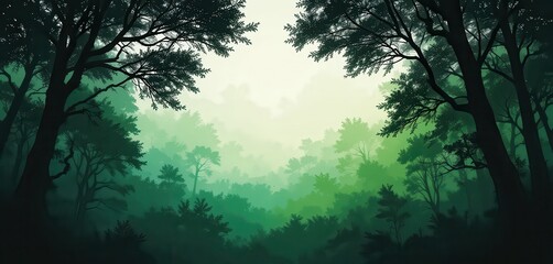 Fototapeta premium Green Forest Landscape with Trees and Mist